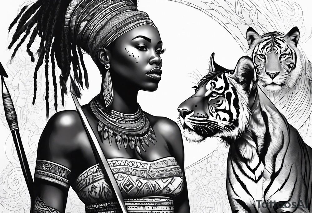 African woman warrior with tribe scars and spear in hand with animals in background tattoo idea