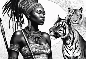 African woman warrior with tribe scars and spear in hand with animals in background tattoo idea