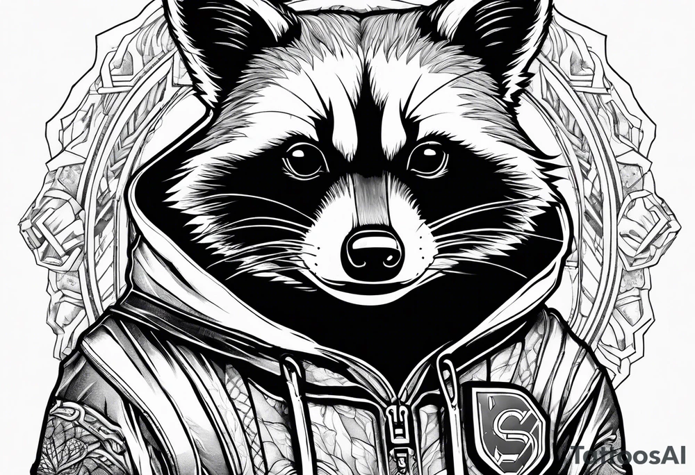 raccoon wearing a Superman hoodie tattoo idea