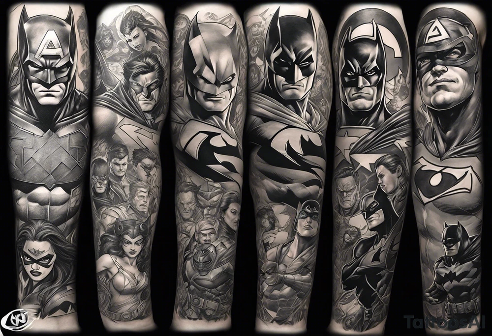 Full arm sleeve tattoo extending from shoulder to wrist featuring an assemble of only the emblems of DC comic heroes and villians.  Do not include the characters, only the emblems. tattoo idea