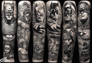 Full arm sleeve tattoo extending from shoulder to wrist featuring an assemble of only the emblems of DC comic heroes and villians.  Do not include the characters, only the emblems. tattoo idea