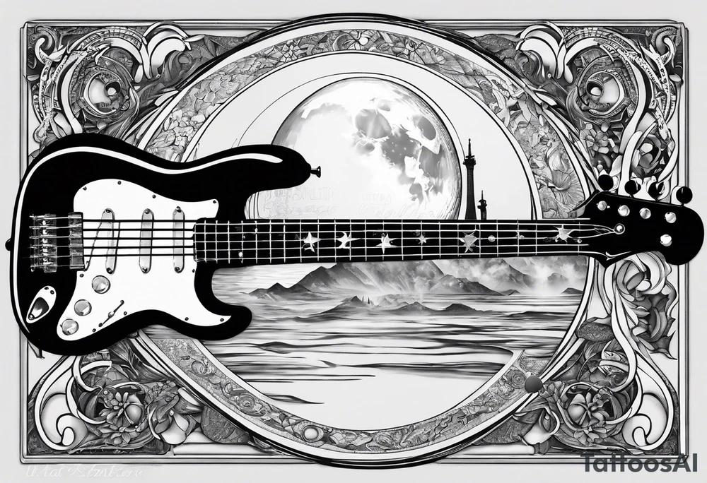 Collage for full sleeve with:
2 stars, 
1 quarter moon, 
a bass guitar, 
a caduceus symbol tattoo idea