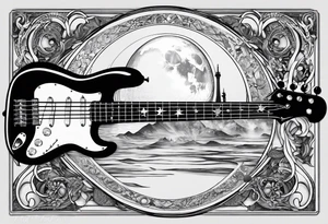Collage for full sleeve with:
2 stars, 
1 quarter moon, 
a bass guitar, 
a caduceus symbol tattoo idea