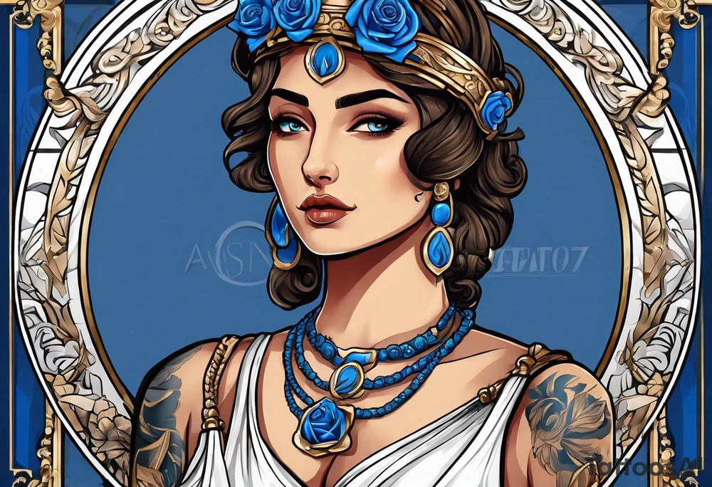 ancient rome clothes women, with ancient scale in one hand, blue rose frames, justicia tattoo idea