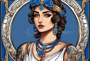 ancient rome clothes women, with ancient scale in one hand, blue rose frames, justicia tattoo idea