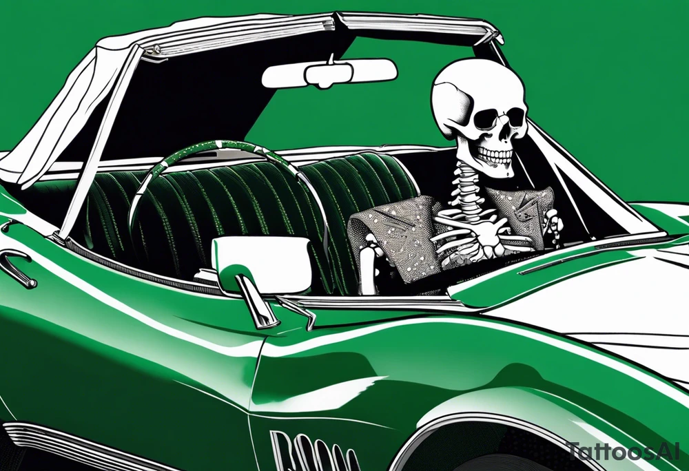 Skeleton smoking a cigarette driving a green 1976 convertible Corvette tattoo idea