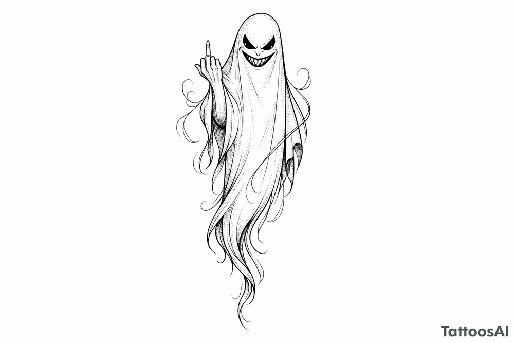Tall, slender ghost with a mischievous grin, middle finger raised, subtle shading. tattoo idea