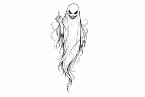 Tall, slender ghost with a mischievous grin, middle finger raised, subtle shading. tattoo idea