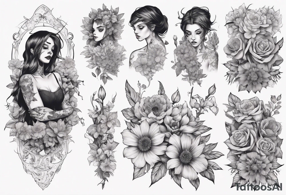 sleeve with many flowers around it and a dark elf girl tattoo idea