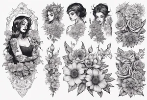 sleeve with many flowers around it and a dark elf girl tattoo idea