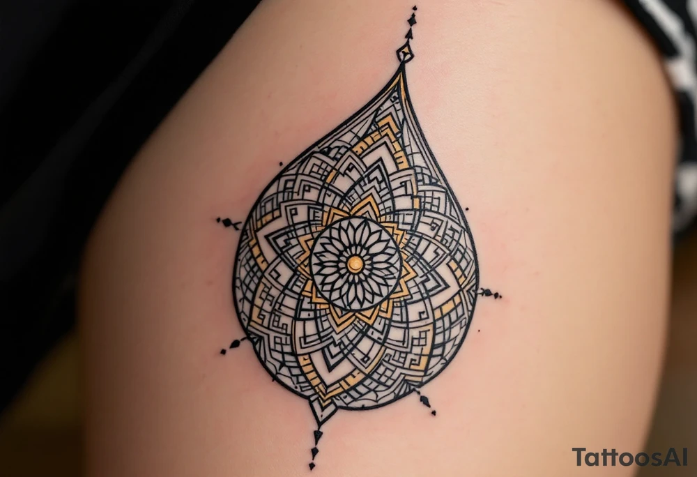 A bold geometric teardrop with intricate mandala designs inside, with deep black outlines and subtle gold accents around the outer edges. The contrast of black and gold emphasizes strength, symmetry, and inner peace. tattoo idea