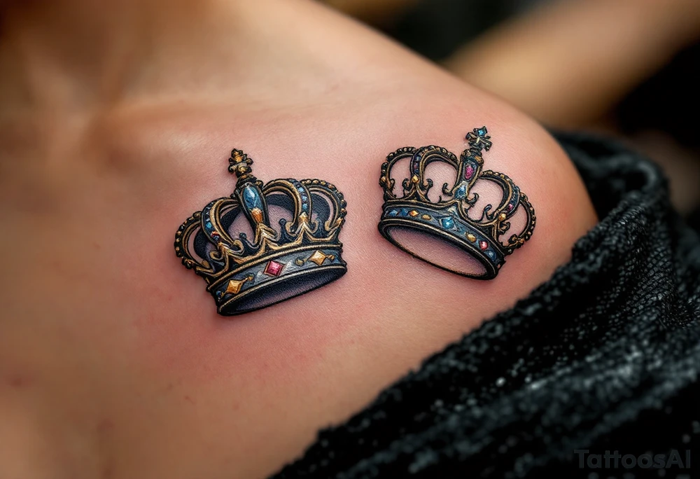 Minimalist black king and queen crowns with gold and silver accents on the outer hands celebrate your royal bond. tattoo idea