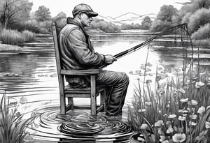 Man with halo  sitting in chair fishing in a pond from a distance tattoo idea