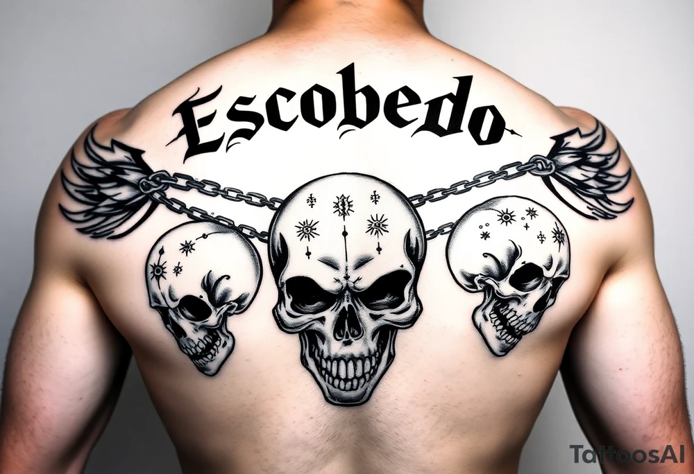 Upper back tattoo in stark emo-punk linework. ‘Escobedo’ carved bold and clean across the shoulders. Black flame arcs rise behind it like wings—sharp, negative space-driven. Between the flames, loose chains drape with motion. Three skulls: cracked on the left, snarling in the center, screaming on the right. Each skull etched with fine Aztec-inspired marks—sunbursts, dots, and sacred lines. No color. No shading. Just fire, bone, and steel inked in symmetry. tattoo idea