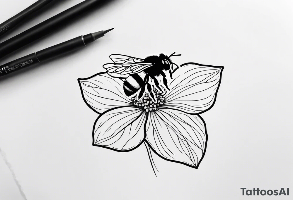 Small black and white minimalist tattoo for forearm of a Hydrangea and a small bee tattoo idea
