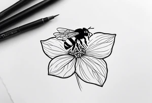 Small black and white minimalist tattoo for forearm of a Hydrangea and a small bee tattoo idea
