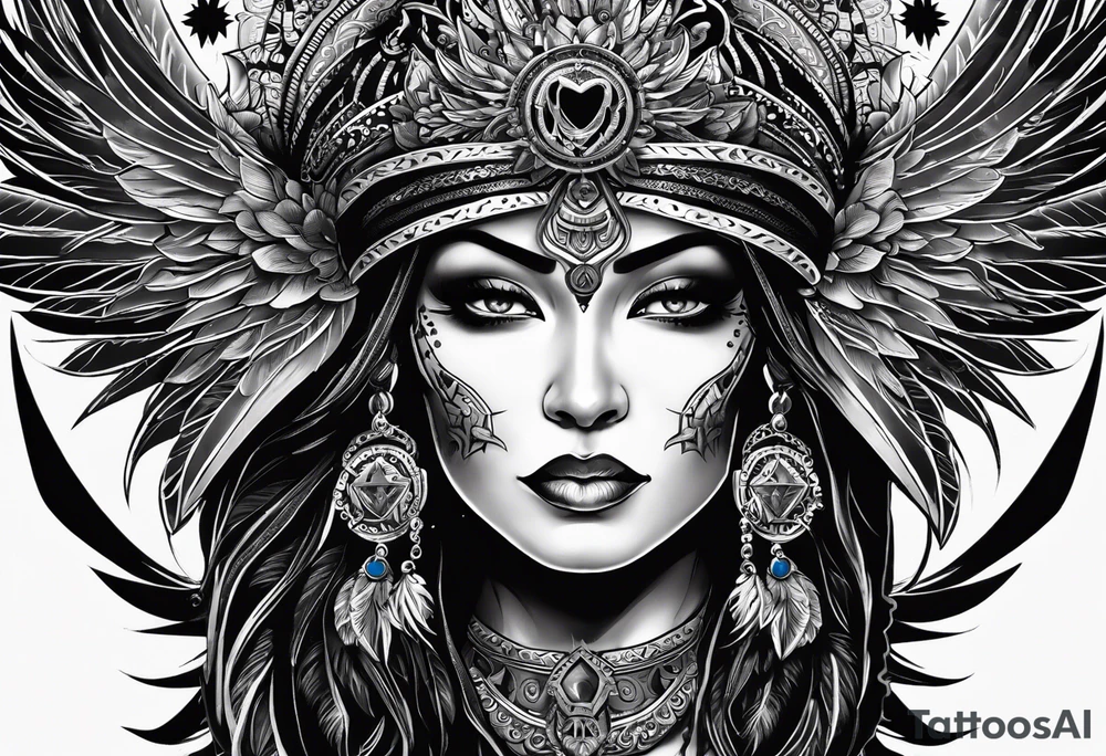 black kali, goddess pirate, alien, pachamama, valkrye, warrior, skull, lotus azul, wing, eagle, zenza resonance, stars, 5D, anahata chakra tattoo idea