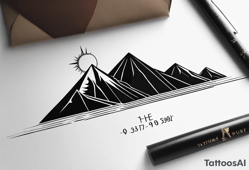 Let the coordinates 35.331° N, 33.429° E be written, next to it should be a mountain, sun, sea and tree icon, the letters of the coordinate should be capitalized and the numbers next to it should be written from top to bottom. tattoo idea