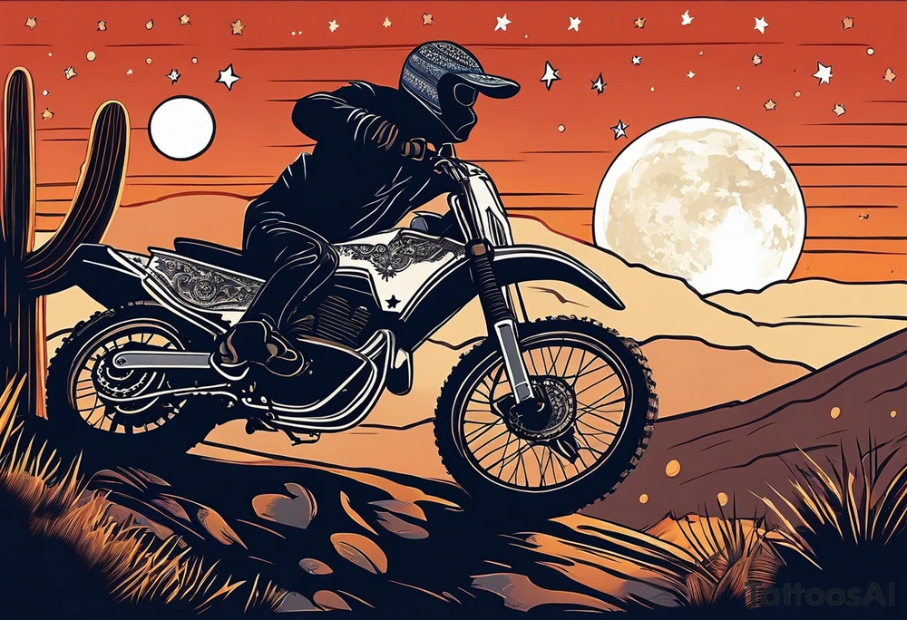 Acoustic Guitar by a campfire with a desert landscape and dirt bike silhouette and a half moon and stars tattoo idea