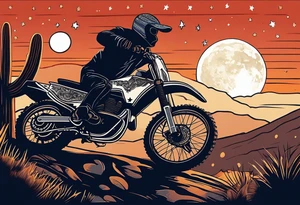 Acoustic Guitar by a campfire with a desert landscape and dirt bike silhouette and a half moon and stars tattoo idea