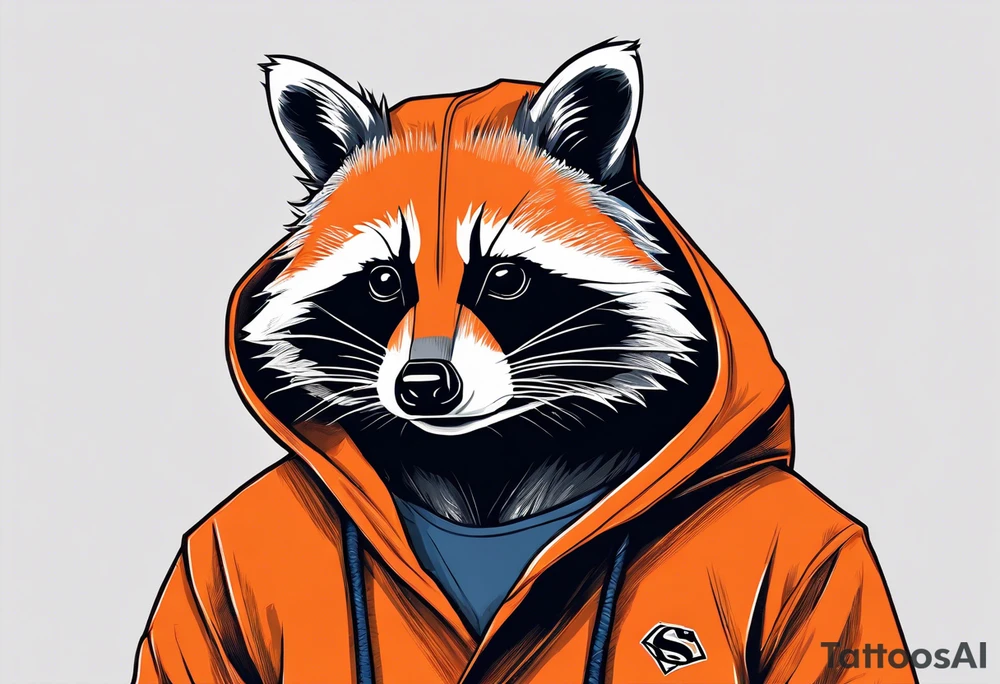 Raccoon wearing an orange Superman hoodie tattoo idea