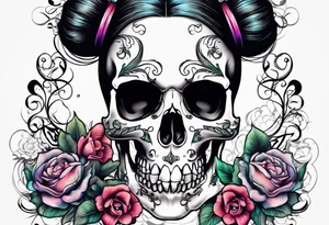 feminine skull and cross bones with hair in two buns tattoo idea