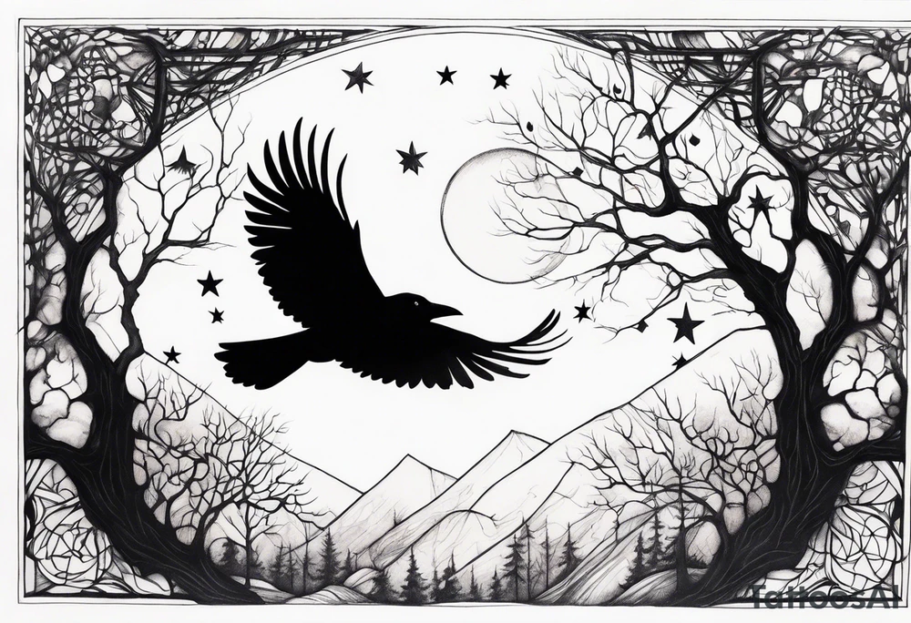 Raven in flight, upsidedown, knowing, ethereal, moon stars and trees in the background tattoo idea