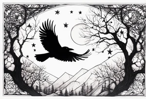 Raven in flight, upsidedown, knowing, ethereal, moon stars and trees in the background tattoo idea