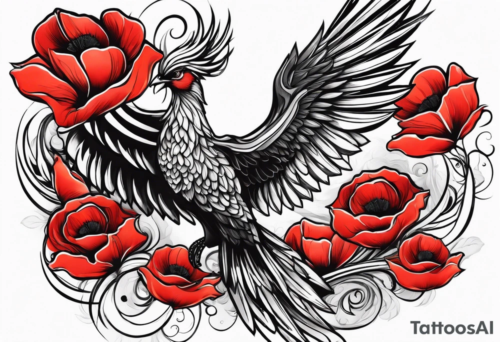 abstract pheonix holding red poppies in profile flight tattoo idea