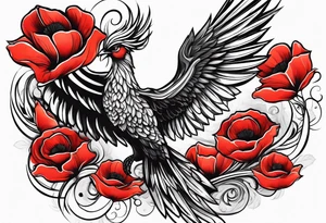 abstract pheonix holding red poppies in profile flight tattoo idea