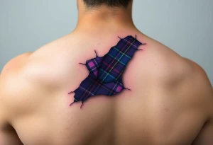 Purple tartan fabric on shoulder with skin peeling back to reveal tartan underneath tattoo idea