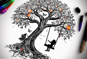 tree of life with swing little girl and man tattoo idea
