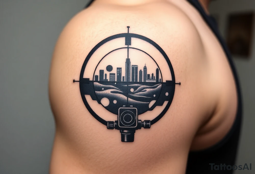 scope crosshairs with eerie Los Angeles city horizon in background tattoo idea