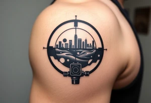scope crosshairs with eerie Los Angeles city horizon in background tattoo idea