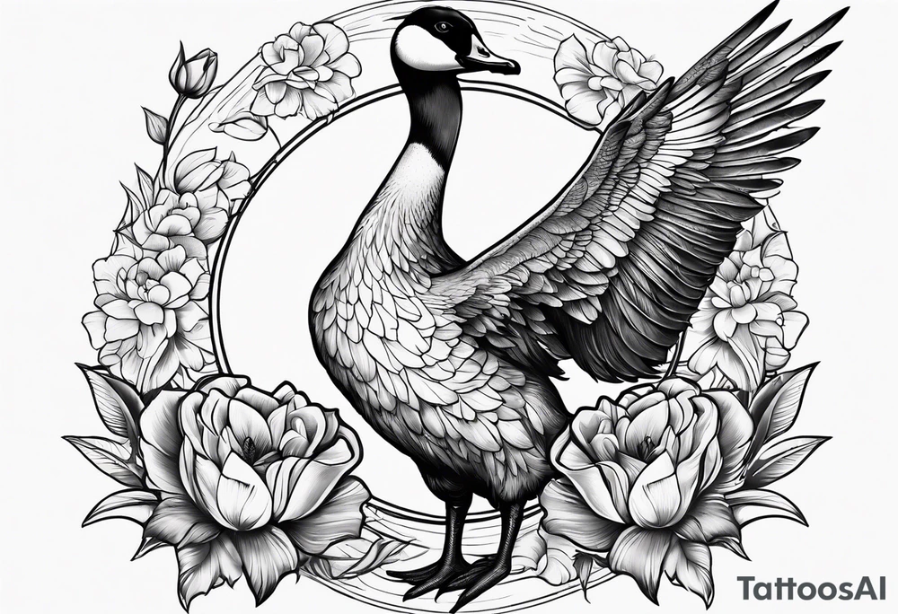 angry goose with flowers at the bottom tattoo idea