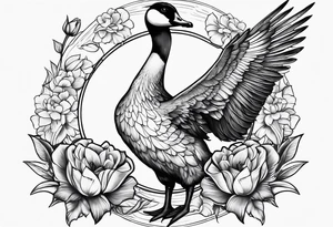 angry goose with flowers at the bottom tattoo idea