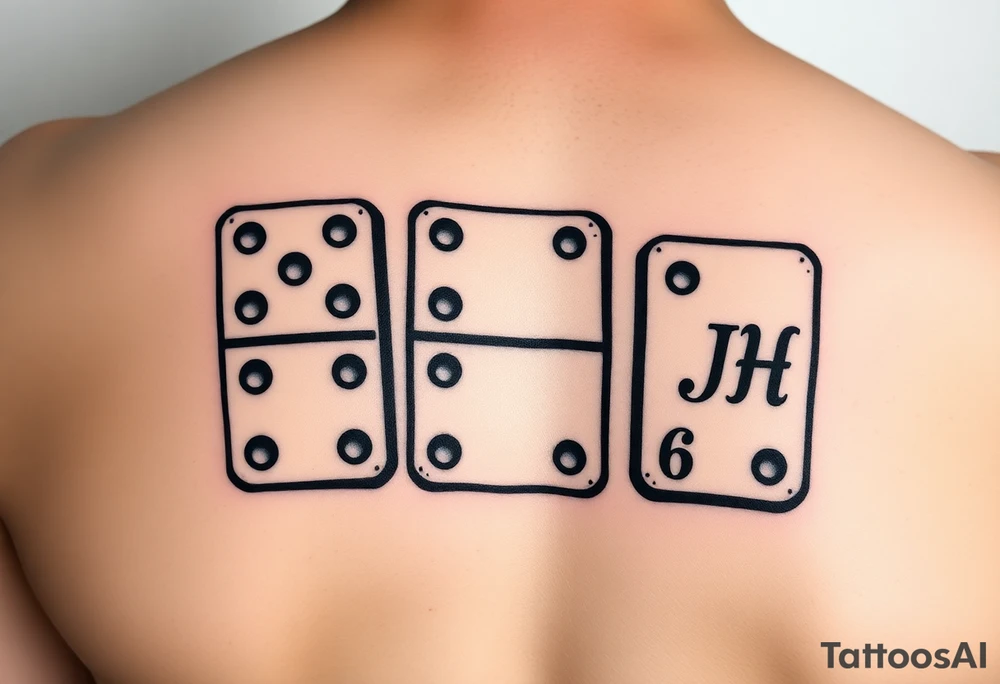 Tattoo design of three domino tiles, realistic retro style, not fine-line. The dominoes should be arranged visible together, with numbers: one domino with 8 (4+4), one with 7 (4+3), and one with 6 (six dots on the bottom half). On the top half of the domino with 6, add the initials ‘JH’, integrated in a subtle vintage lettering style. Shaded black and grey tattoo style, retro realistic, slightly worn texture tattoo idea