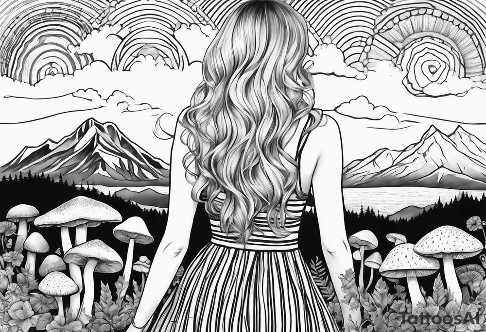 Straight blonde hair girl holding mushrooms in hand facing away toward mountains surrounded by mushrooms circular design black and white striped dress tattoo idea