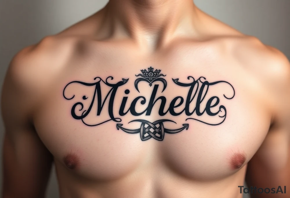 Design a tattoo for a man’s chest of a woman’s name (Michelle). There should be a claddagh and a Celtic knot entertwined. tattoo idea