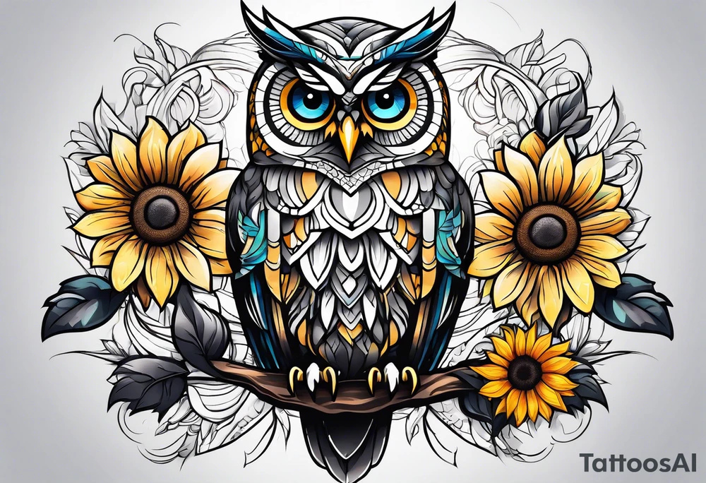Owl and sunflower sleeve tattoo idea