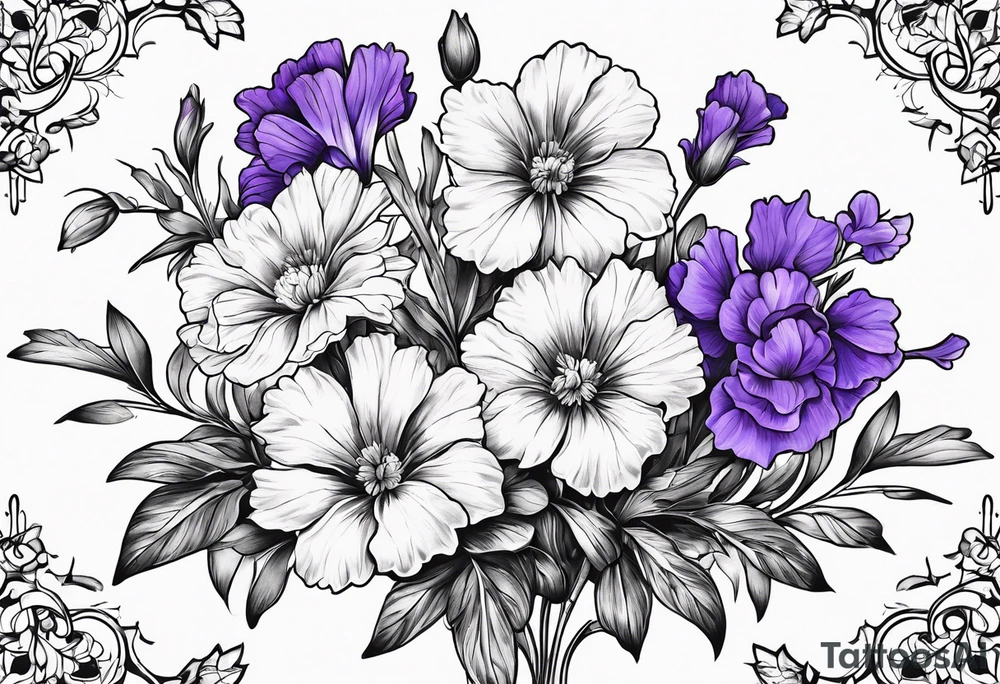 Simple Tattoo of larkspur, stemmed carnation, stemmed violet, stemmed daisy  bouquet tattoo idea