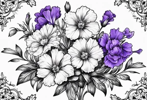 Simple Tattoo of larkspur, stemmed carnation, stemmed violet, stemmed daisy  bouquet tattoo idea