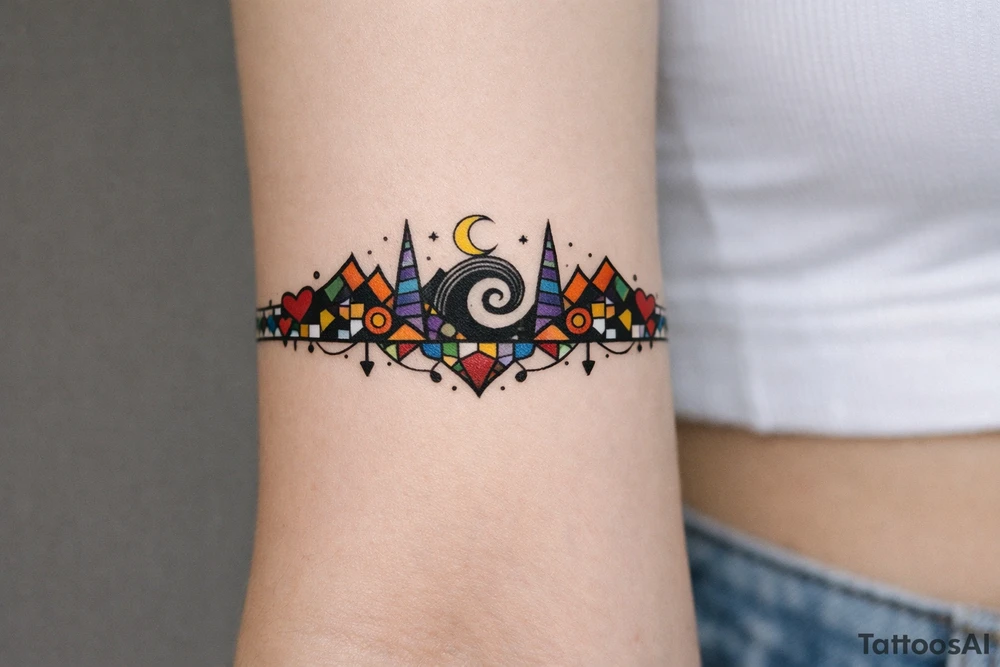 armband, abstract, geometric, full of color, tim burton tattoo idea