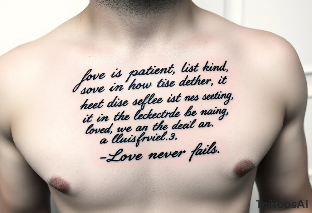 A handwritten tattoo above a man's front right hip that takes up about 1/2 of his waist without coming close to his navel that reads,
Love is patient, love is kind. It does not envy, it does not boast, 
it is not proud. It does not dishonor others, it is not self-seeking, 
it is not quick to anger, it keeps no record of wrongs.
Love does not delight in evil but rejoices with the truth. 
It always protects, always trusts, always hopes, always perseveres.
Love never fails.


8 Love never fails." tattoo idea