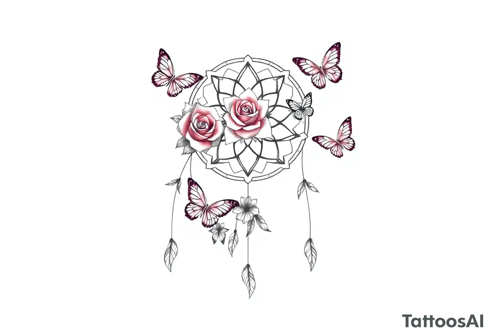 Dreamcatcher roses and butterflies tattoo idea