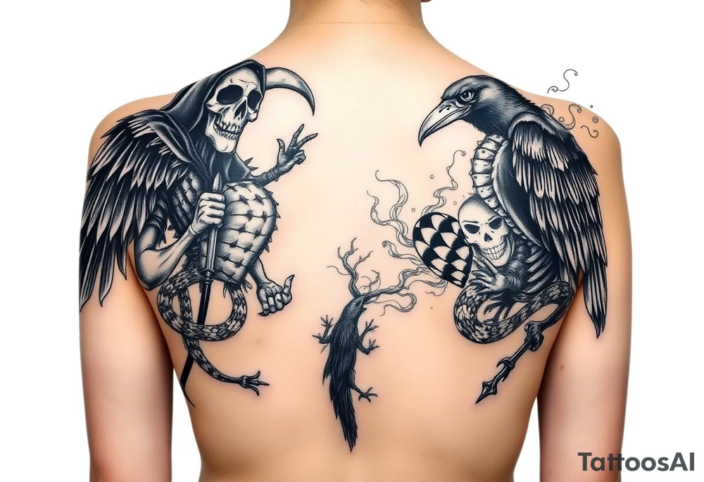 Mix grim reaper, snakes, crow and smoke, all the way back, not just upperback tattoo idea