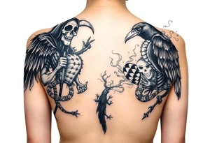 Mix grim reaper, snakes, crow and smoke, all the way back, not just upperback tattoo idea