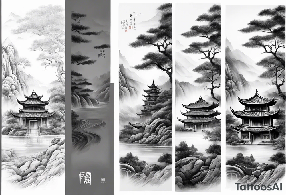 forearm sleeve traditional chinese art painting style autumn mountains mist fog water Chinese temple female with pony tail wearing robes meditating in the distance tattoo idea