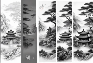 forearm sleeve traditional chinese art painting style autumn mountains mist fog water Chinese temple female with pony tail wearing robes meditating in the distance tattoo idea