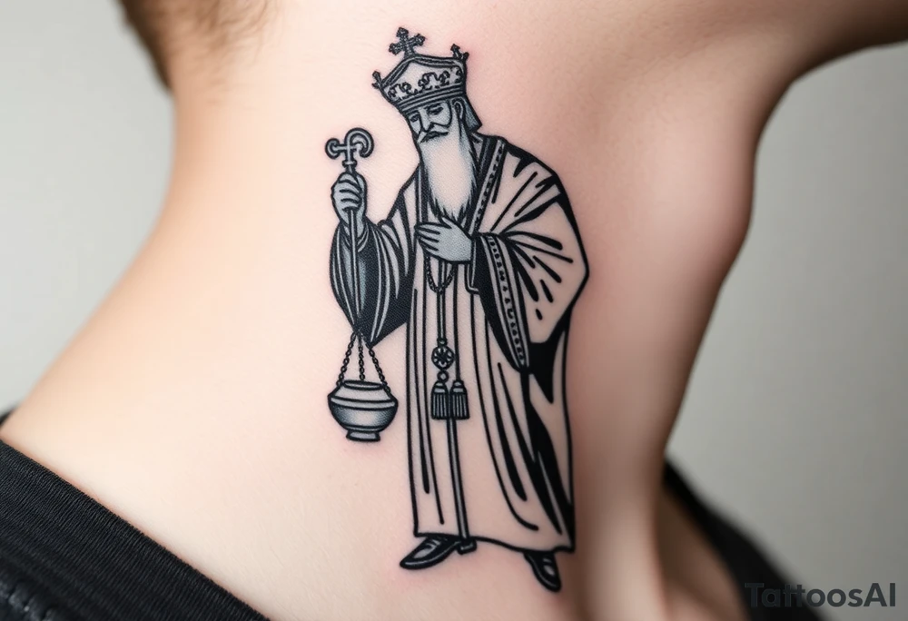 Russian orthodox priest in a detailed vestment swinging censer chains tattoo idea